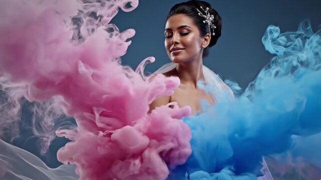 A beautiful, elegant woman with an intricate updo and sparkling hair ornament, smiles serenely with closed eyes against a deep blue background. She is gracefully enveloped by a dynamic swirl of vibran