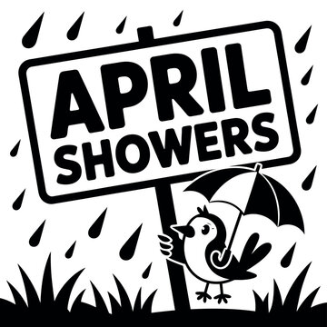 A cartoon bird holding an umbrella under a sign that says April Showers