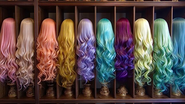 Colorful ombre wigs displaying variety on wooden shelves