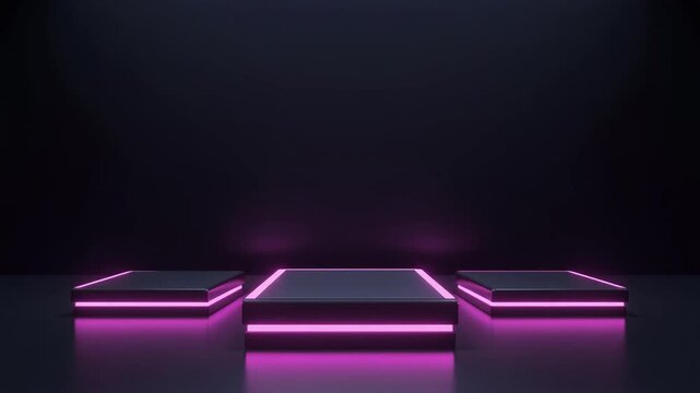 Futuristic neon-lit square podiums glowing pink in dark.