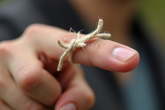 Close-Up Image of String Tied Around Finger as a Symbol of Meaningful Memory or Reminder