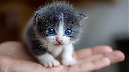 Tiny kitten with blue eyes standing on an open human hand