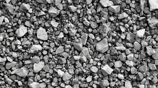 Black and white texture of coarse gravel and crushed stone