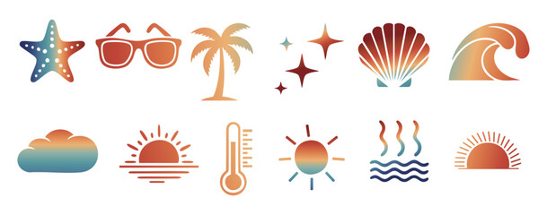 Colorful summer icons including starfish sunglasses palm tree shell wave sun cloud thermometer isolated on white background Video © VECTOR BUNDLE