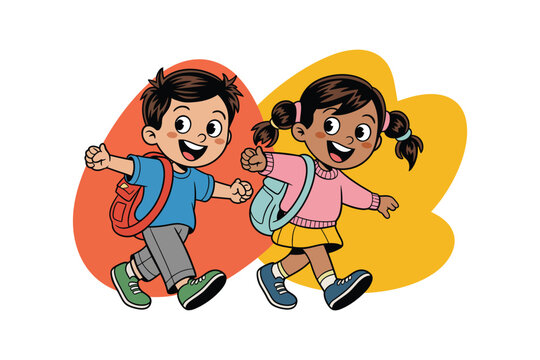 Children illustration of two kids holding hands and running to school