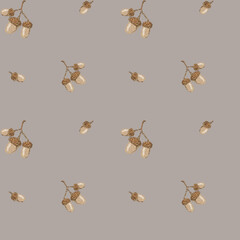 Seamless autumn pattern of rustic oak acorn branches. Hand-drawn with a grainy wax-crayon texture in earthy beige, tan, and brown tones on a neutral taupe background. © Mariia Vakhovska