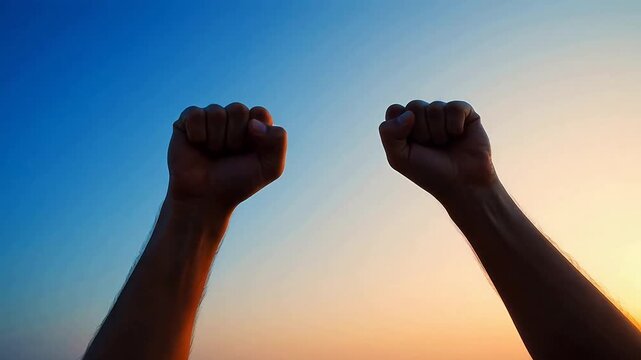 Two raised fists against sky