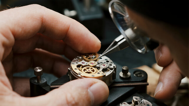 Watchmaker hands placing tiny gear in mechanical watch, precision repair