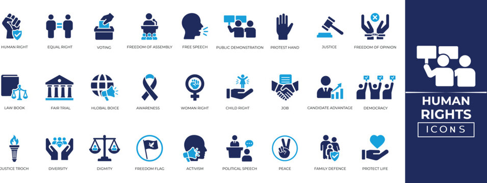 Human Right icon set. Containing freedom, cooperation, democracy, justice, law, support, and more. Solid vector Icon Collection.