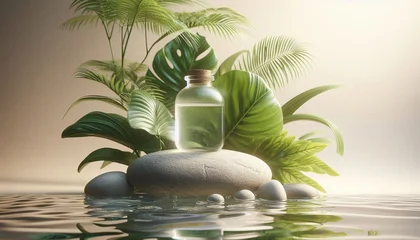 Plexiglas schilderij Toilet Minimalistic transparent glass cosmetic bottle on smooth river stone in shimmering water with tropical leaves, natural sunlight and caustic shadows, zen spa aesthetics concept  © Cliff