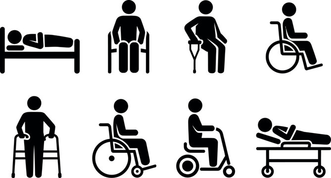 Collection of eight medical assistance icons representing people with disabilities and healthcare situations