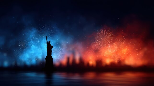 Majestic Statue of Liberty Surrounded by Colorful Fireworks Against a Night Sky Background