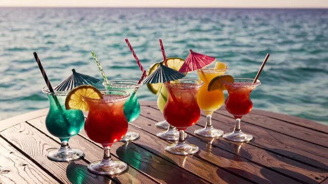 Colorful drinks sit on a wooden table by the ocean during sunset with umbrellas and garnishes