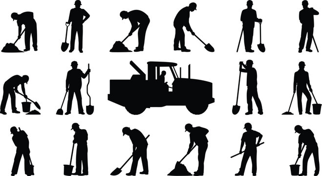 Construction worker silhouettes with shovel, bucket and tools, road roller machine operator, manual labor set, building site concept isolated on white background.
