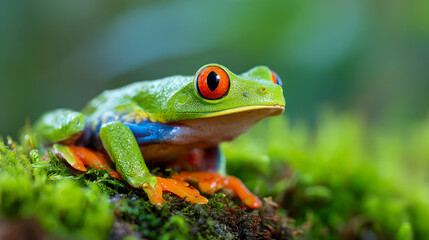 Obraz premium Vibrant red-eyed tree frog perched on lush green moss with vivid orange feet and striking blue body detail in a rich natural habitat background