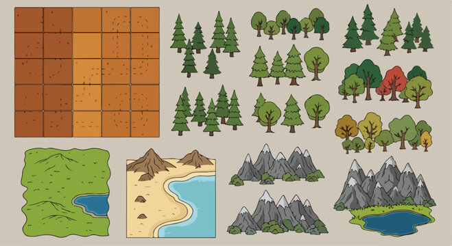 Vector top-down game map assets featuring various green trees, brown mountains, sandy beaches with blue water, and square terrain tiles for fantasy landscapes.