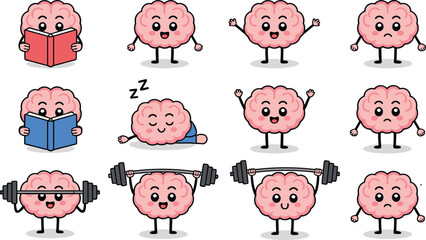 Cute brain cartoon character set showing reading books, sleeping, waving hands, happy and sad emotions, and weightlifting exercise, funny mascot isolated on white.