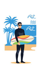 Fototapeta premium Surfer In Wetsuit Holding Surfboard On Tropical Beach With Palm Trees and Ocean Waves