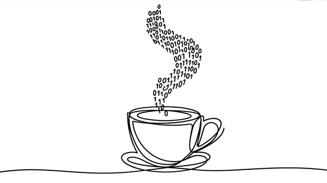 Line drawing of a coffee cup with steam composed of numbers