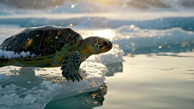 Sea turtle crawls on ice floe with snow falling. Arctic turtle moves across frozen ocean ice. Turtle navigates ice in arctic waters. Sea turtle on ice shows climate change impact in arctic ocean.