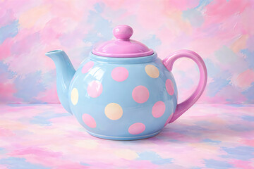Colorful polka dot teapot on vibrant pastel background, studio shot, playful