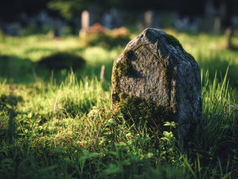 Weathered ancient gravestone covered with moss in a sunlit overgrown cemetery surrounded by green grass and plants during golden hour light
