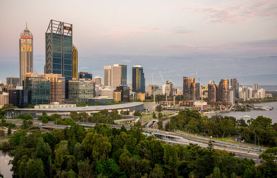 Panoramic sunset view of Perth CBD skyline and Swan River from Kings Park hilltop, Perth, Australia, 25 December 2020