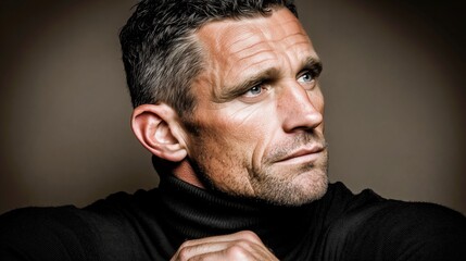 Obraz premium Close up portrait of handsome mature man with blue eyes wearing black turtleneck in dramatic lighting.