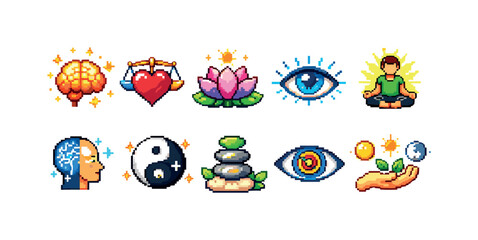 Wellness and meditation icon set. Zen, mindfulness graphics in vibrant pixel art style