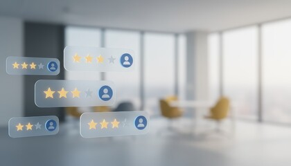 Customer Satisfaction Ratings, Business Feedback, Modern Office, Digital Review Icons, Bright Environment, Optimistic Viewpoint