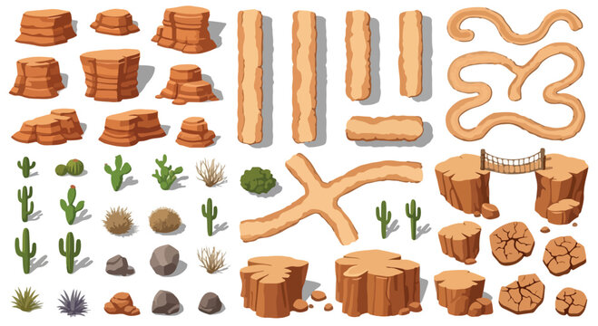 Vector desert landscape elements set with various brown rock formations, green cacti, dry bushes, and sandy paths isolated on transparent background.