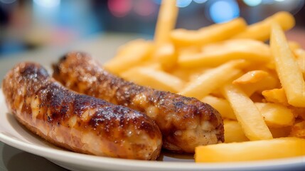 Sausages and fries on plate in closeup shot. This image showcases two savory sausages and crispy golden fries