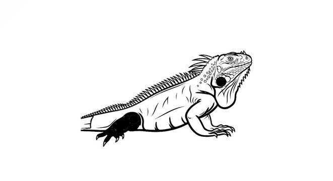 Black and white line drawing of a detailed iguana with spiky crest and scaly skin