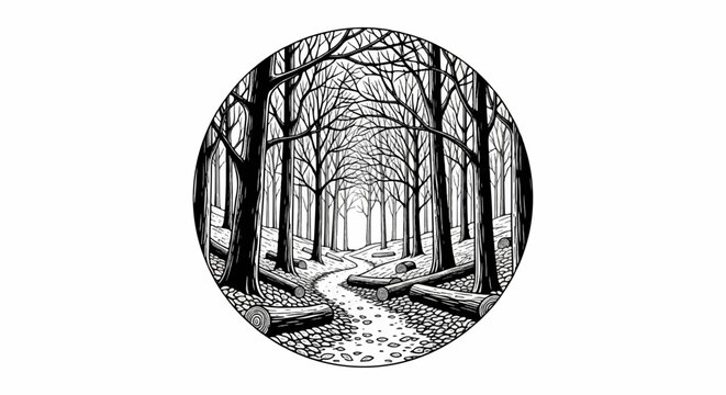 Black and white illustration of a woodland path winding through bare trees