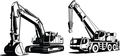 Heavy construction equipment silhouette showing crawler excavator and mobile crane truck with lifting hook, industrial machinery for excavation and lifting, isolated on white background. © Shirina