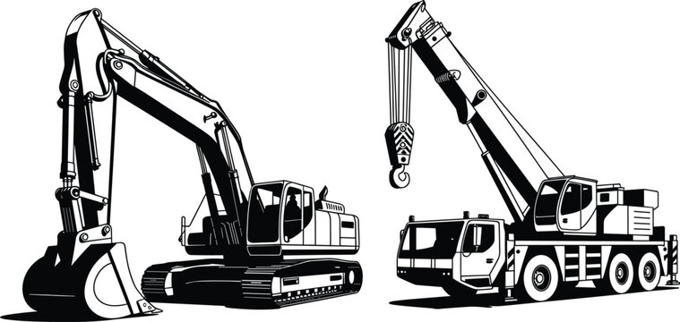 Heavy construction equipment silhouette showing crawler excavator and mobile crane truck with lifting hook, industrial machinery for excavation and lifting, isolated on white background.