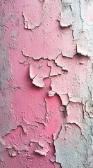 Obraz premium Old pink paint flakes from a weathered vertical surface revealing gray and white layers beneath