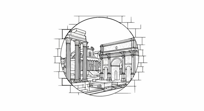 Ancient architectural ruins with columns and arches, rendered as a sketch