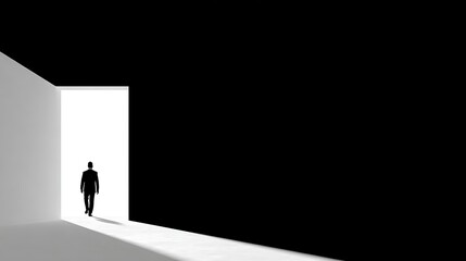 Obraz premium Silhouette of Businessman Walking Toward Bright Doorway Opportunity and New Beginnings Concept