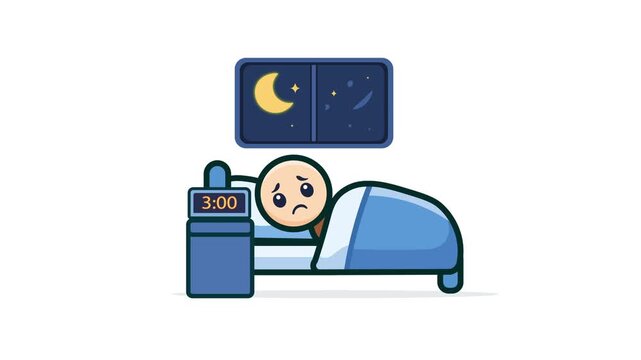 Insomnia Concept With Sad Character Awake At 3 AM In Bed. Flat Design Animation  Of A Sleepless Cartoon Person Lying In Bed At Night With Worried Expression And Digital Alarm Clock. 