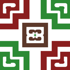 Colorful abstract geometric pattern background with symmetrical red, green, and brown shapes. Modern decorative motif for graphic design projects.