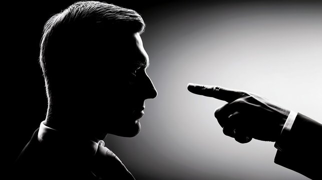 Silhouette profile of man facing accusing finger pointing at him.