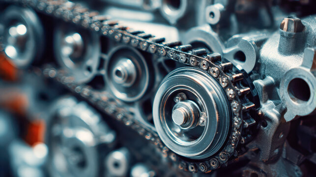 Detailed view of an engine timing chain system with metal gears and components showcasing automotive mechanical precision and industrial engineering elements