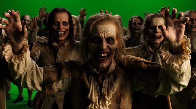 Vantage shot of a horde of zombies in front of a green screen