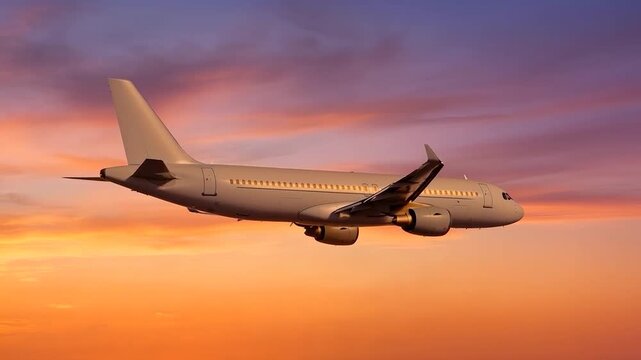 Commercial Airplane Flying in Sunset Sky Close Up Wing and Engine View Passenger Jet Aviation Transport Travel Business Flight Background Aerospace Industry Tourism Vacation Trip Clouds