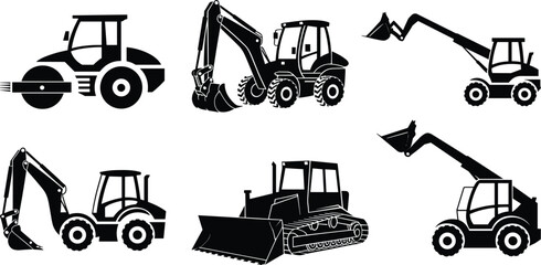 Set of construction machinery silhouettes including road roller, backhoe loader, excavator and bulldozer, heavy equipment for earthmoving and building work isolated on white. © Shirina