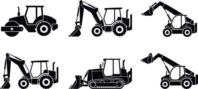 Set of construction vehicle silhouettes including road roller, backhoe loader, bulldozer and telescopic loader, heavy machinery icons for building and roadwork isolated.