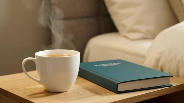 Steaming cup of coffee on a wooden tray next to a teal book in a cozy living room setting with beige couch.