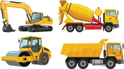 Set of construction vehicles including excavator, concrete mixer truck, road roller compactor and dump truck, heavy machinery for building and roadwork isolated on white. © Shirina