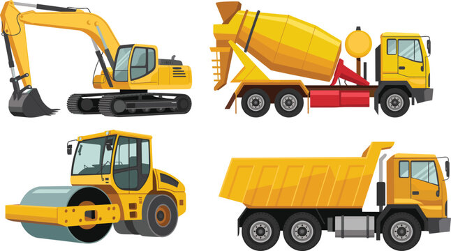Set of construction vehicles including excavator, concrete mixer truck, road roller compactor and dump truck, heavy machinery for building and roadwork isolated on white.